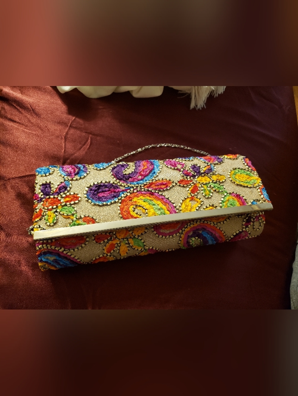 Multicolor Embroidered Paisley Dressy Clutch with Chain Strap, Gorgeous ! NWT - Picture 8 of 8